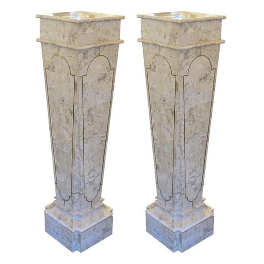 Pair of Tall Tessellated Marble Columns-Pedestals by Maitland Smith, Mid-Century