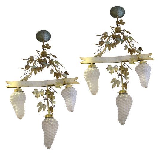 1950s Large Pair of Toleware Ceiling Lamps With Grapevine Glass Shades, French