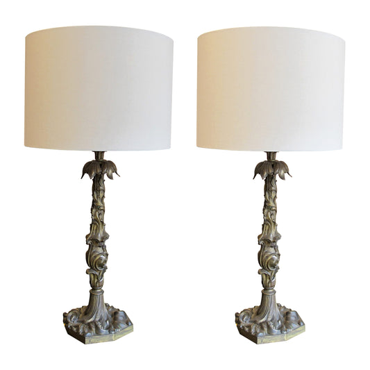 Early 1900s Pair of Art Nouveau Bronze Table Lamps, French