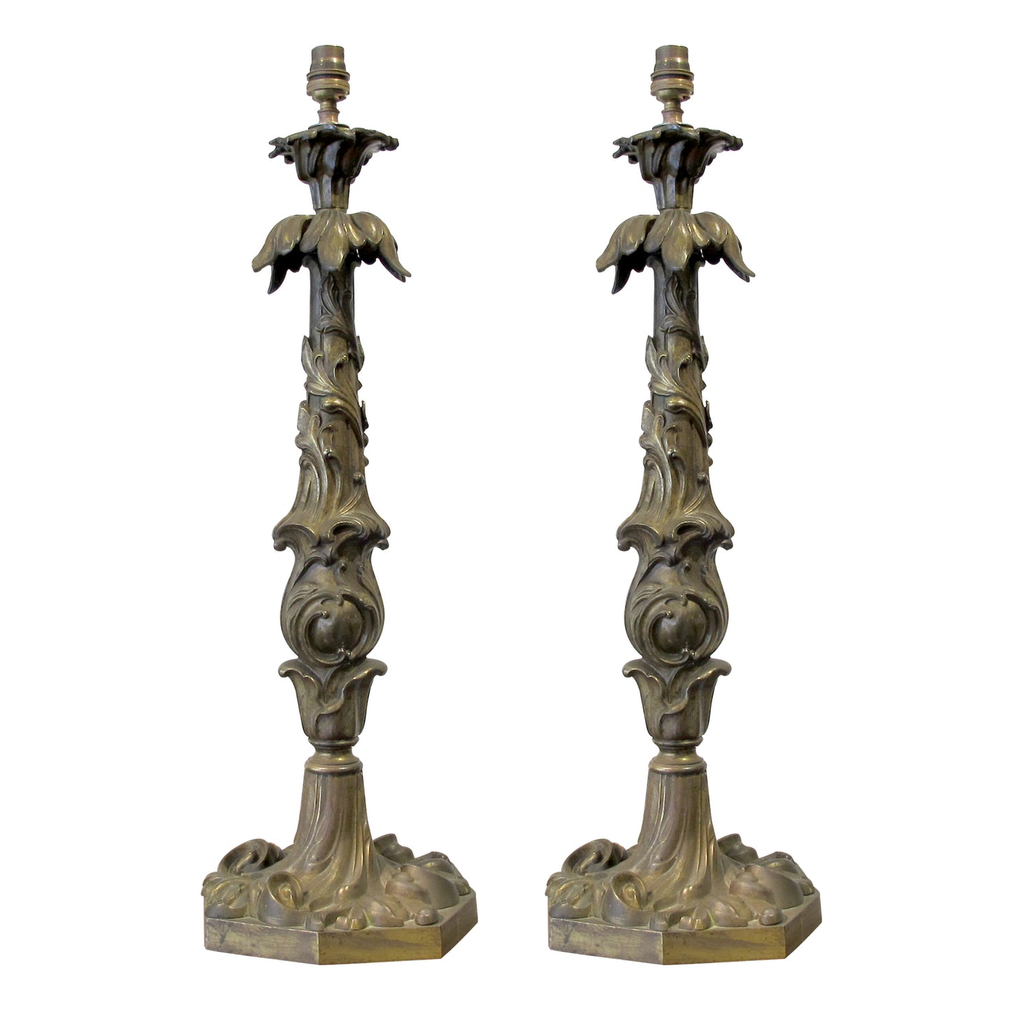 Early 1900s Pair of Art Nouveau Bronze Table Lamps, French