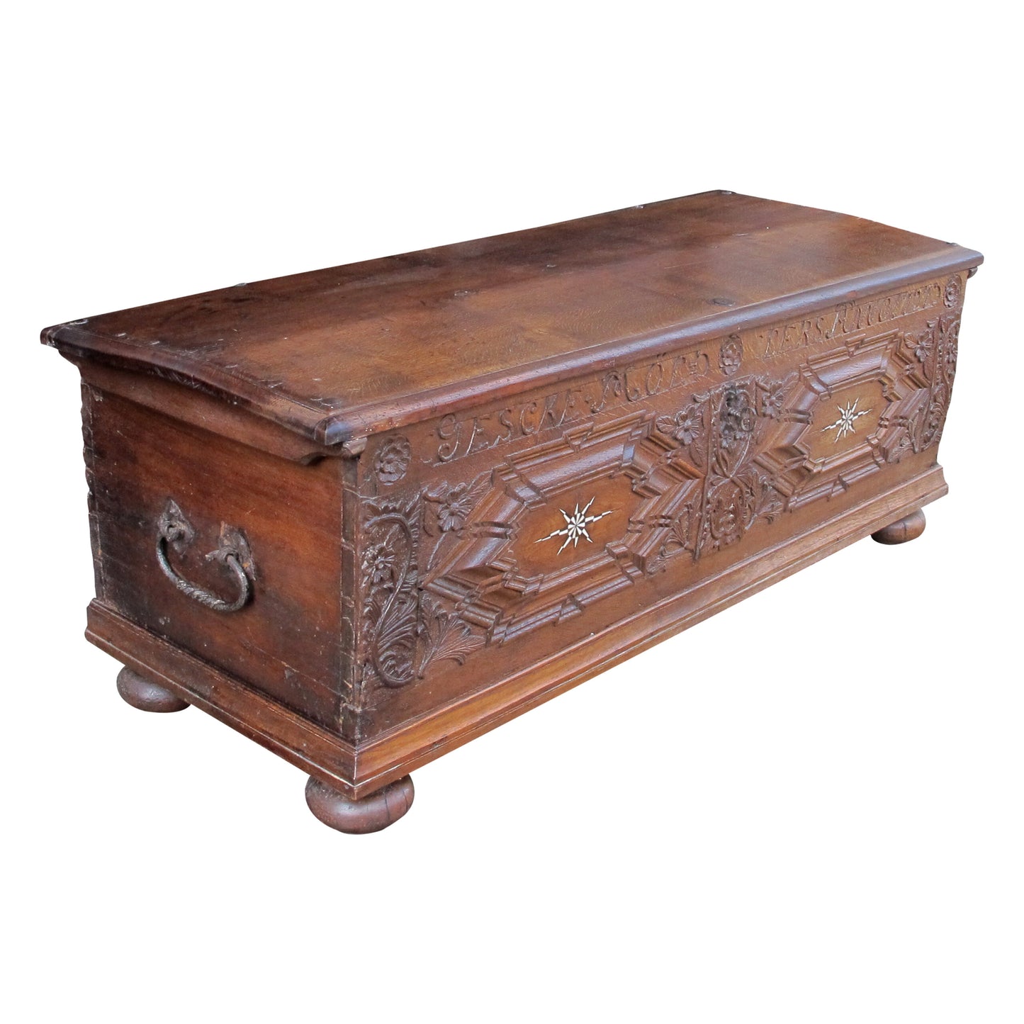 Early 18th Century Large Marriage Oak Trunk With a Vaulted Lid and Carvings, German