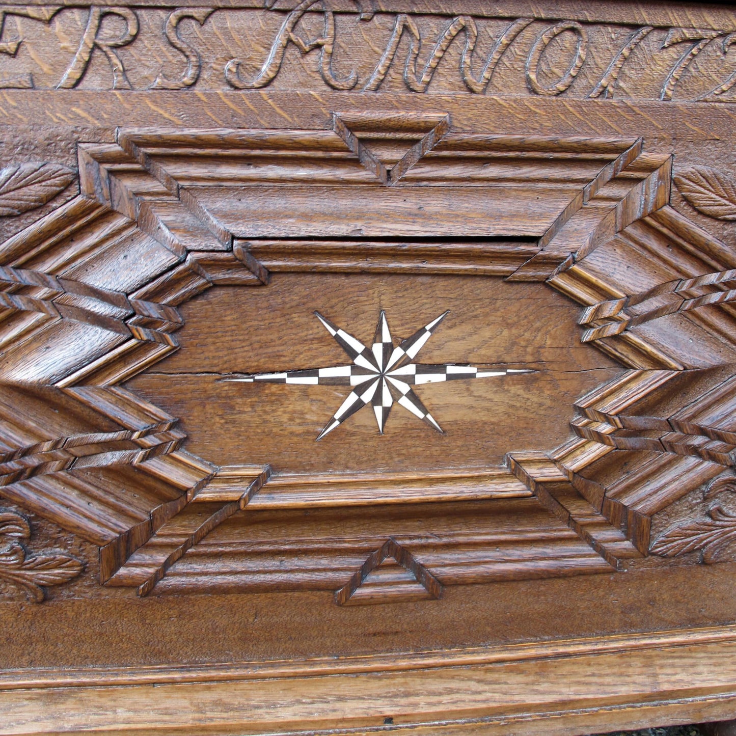 Early 18th Century Large Marriage Oak Trunk With a Vaulted Lid and Carvings, German