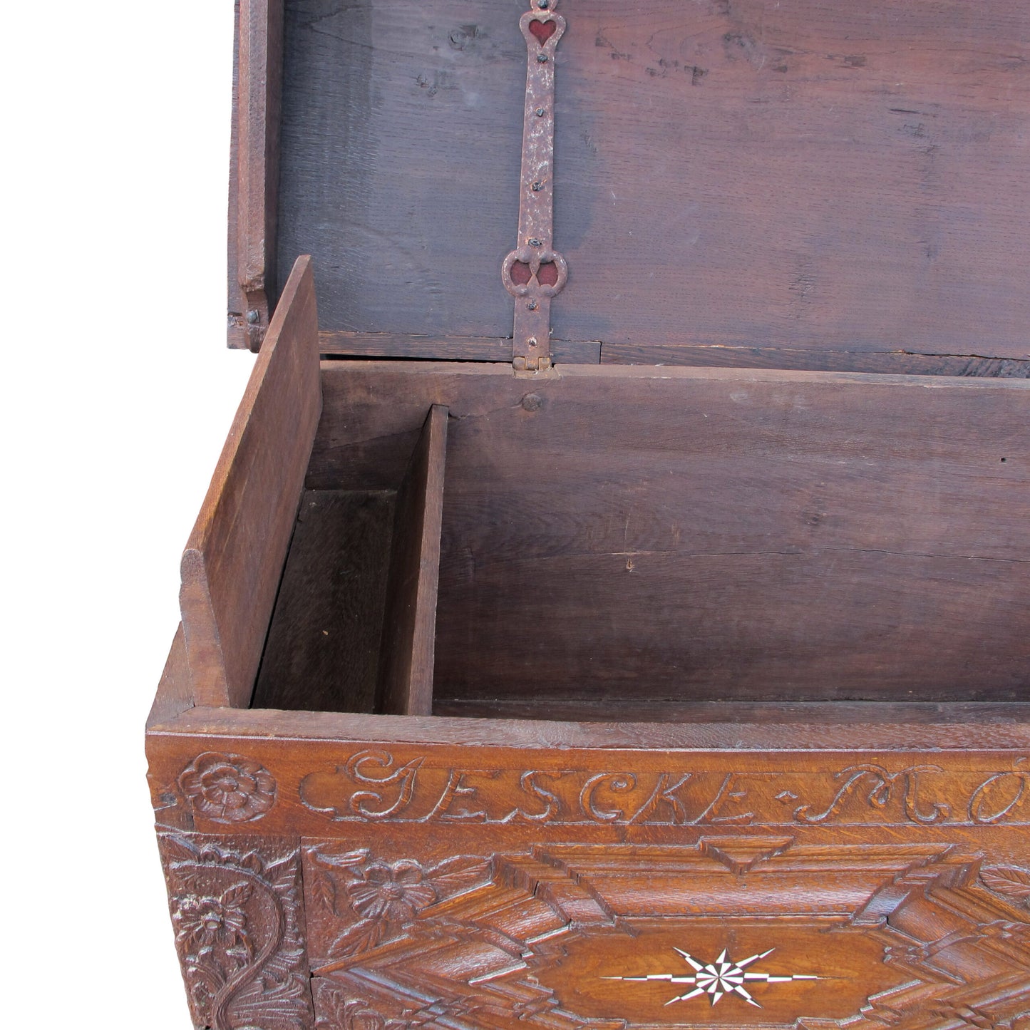 Early 18th Century Large Marriage Oak Trunk With a Vaulted Lid and Carvings, German