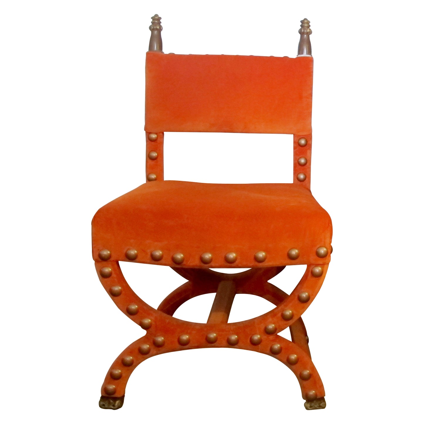 Early 1900s, Baroque Style Pair of Hall Chairs Upholstered in orange Velvet, Italian