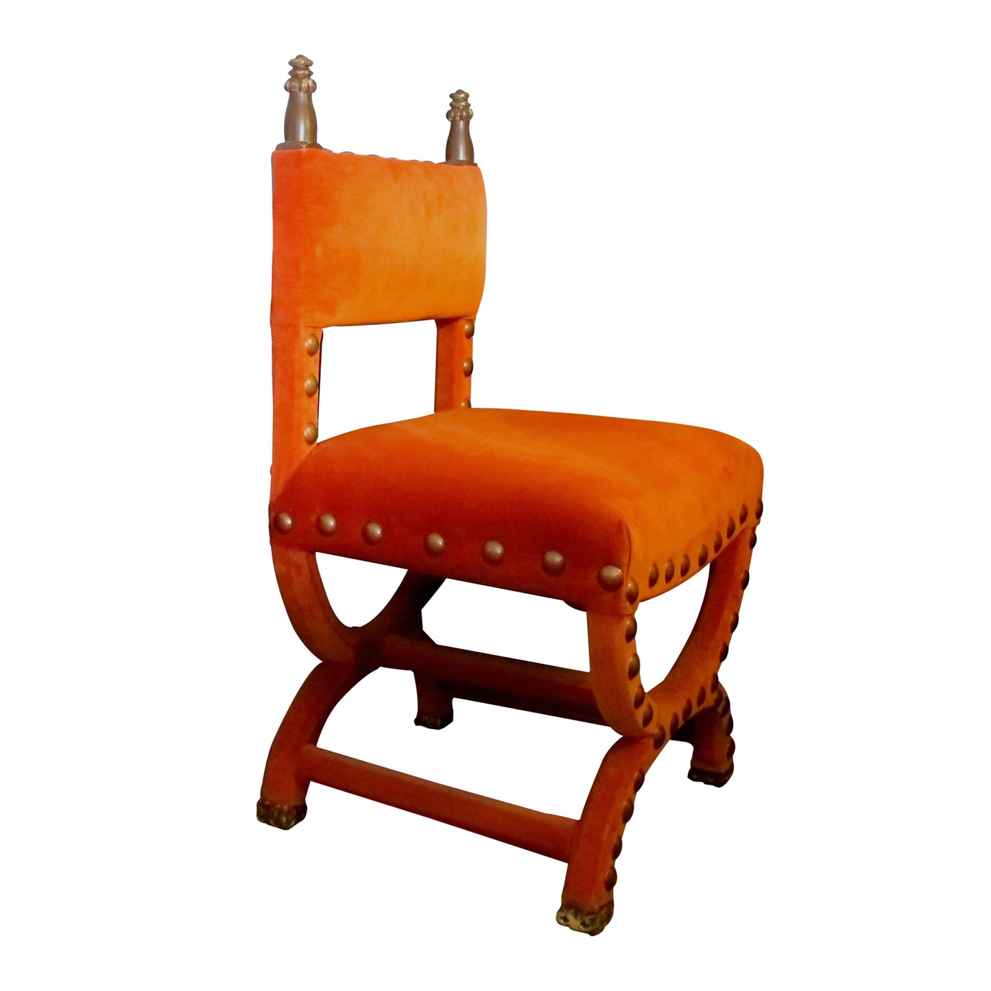 Early 1900s, Baroque Style Pair of Hall Chairs Upholstered in orange Velvet, Italian