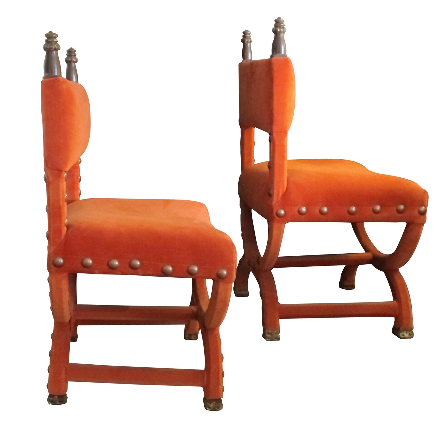 Early 1900s, Baroque Style Pair of Hall Chairs Upholstered in orange Velvet, Italian