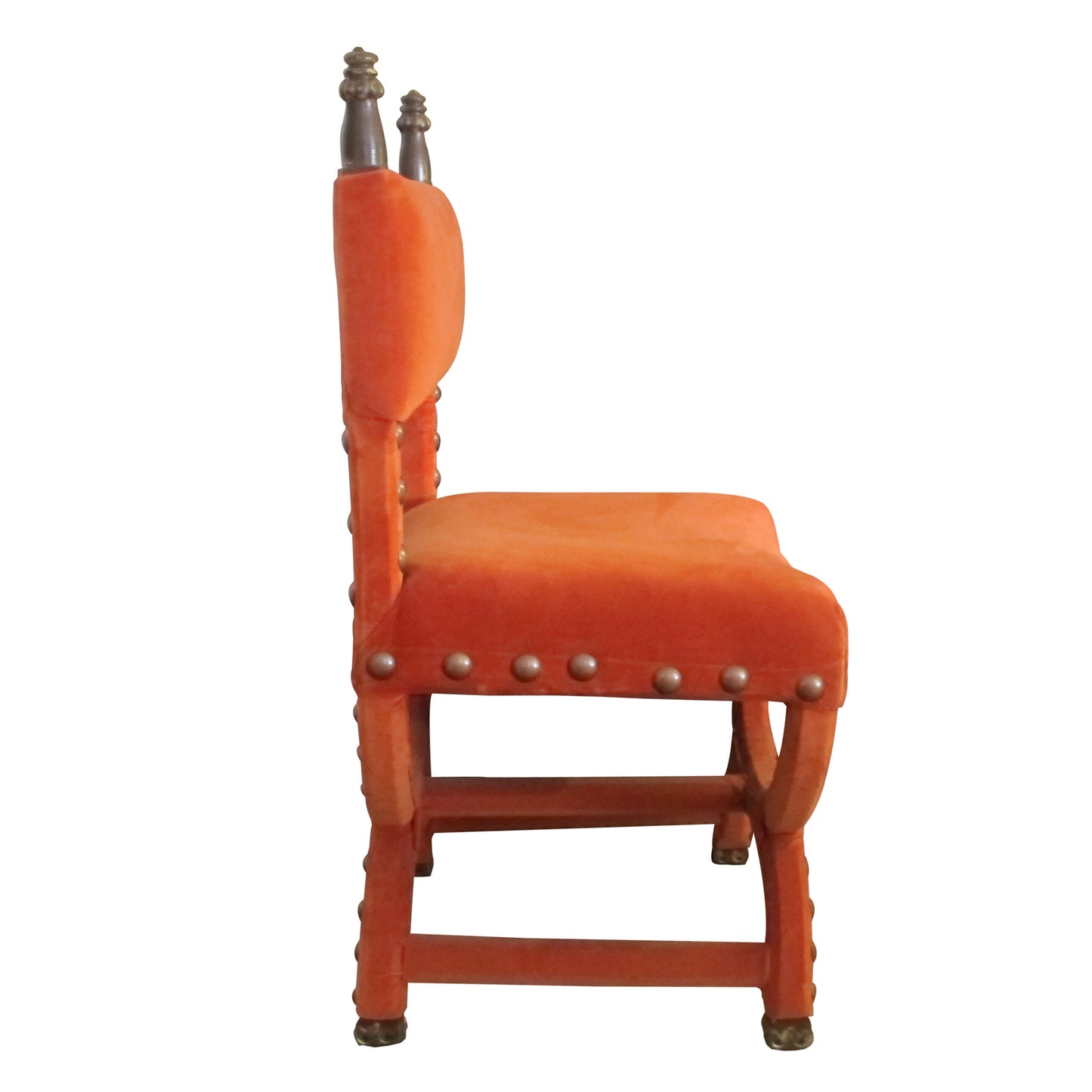 Early 1900s, Baroque Style Pair of Hall Chairs Upholstered in orange Velvet, Italian