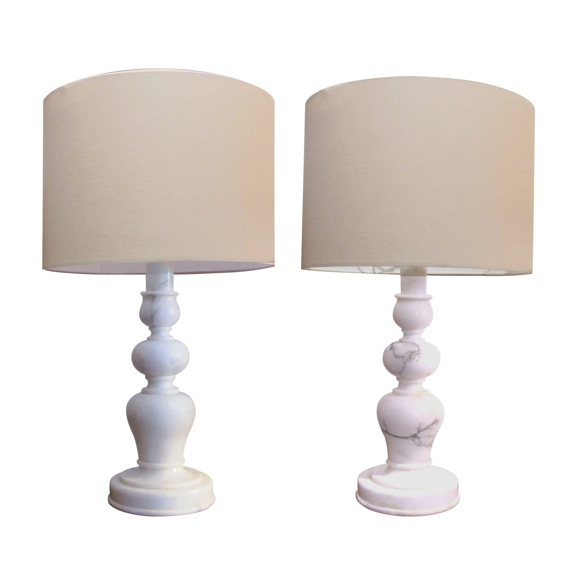 Pair of White Marble Bulbous Table lamps, Mid-Century Italian