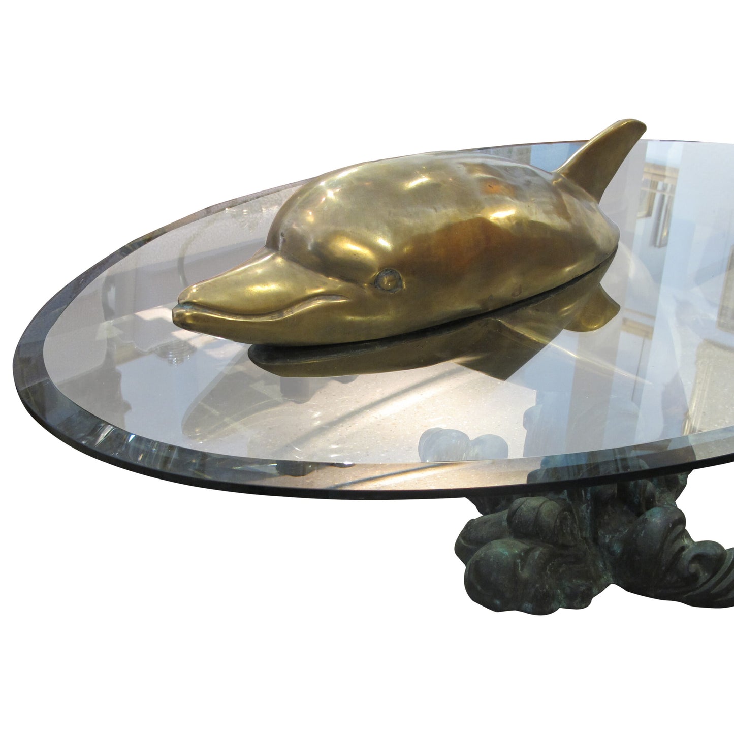 1960s French Brass Coffee Table in the shape of a Dolphin with an Oval Glass Top