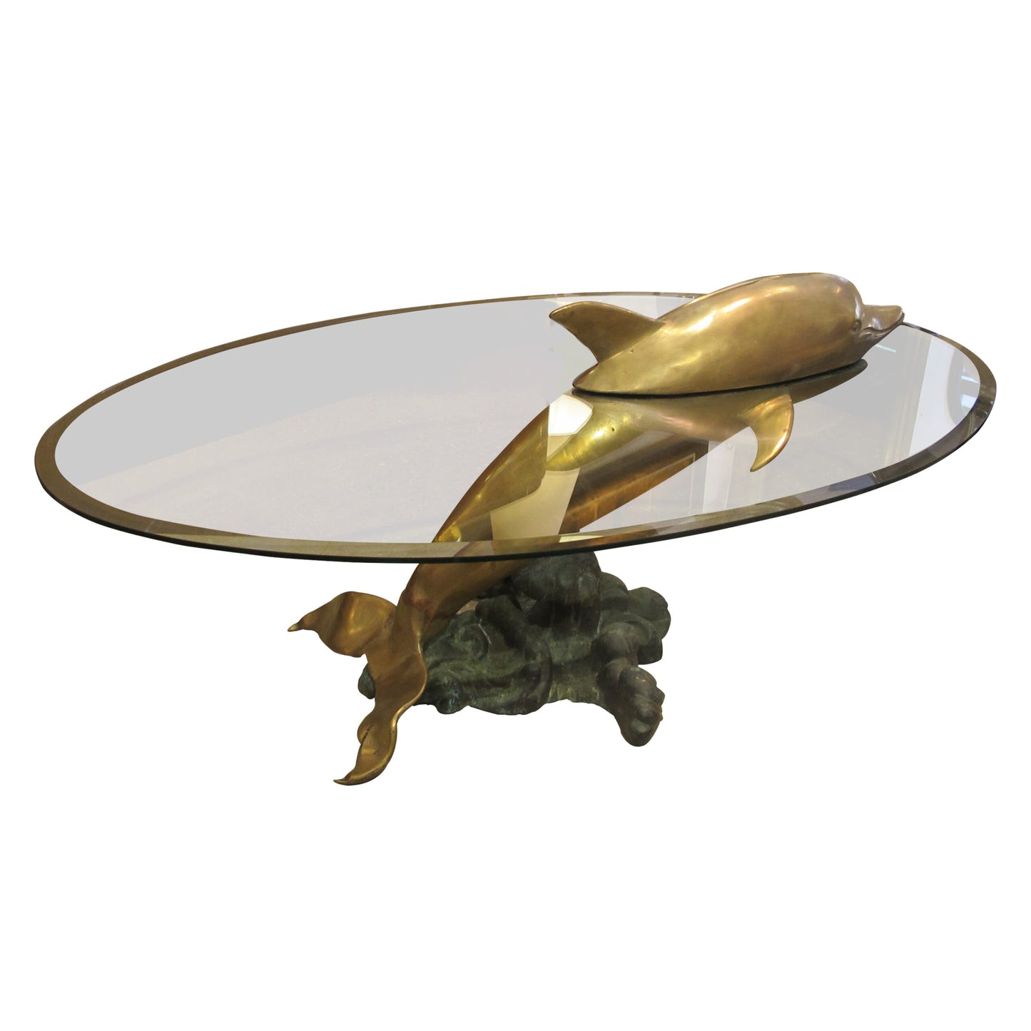 1960s French Brass Coffee Table in the shape of a Dolphin with an Oval Glass Top