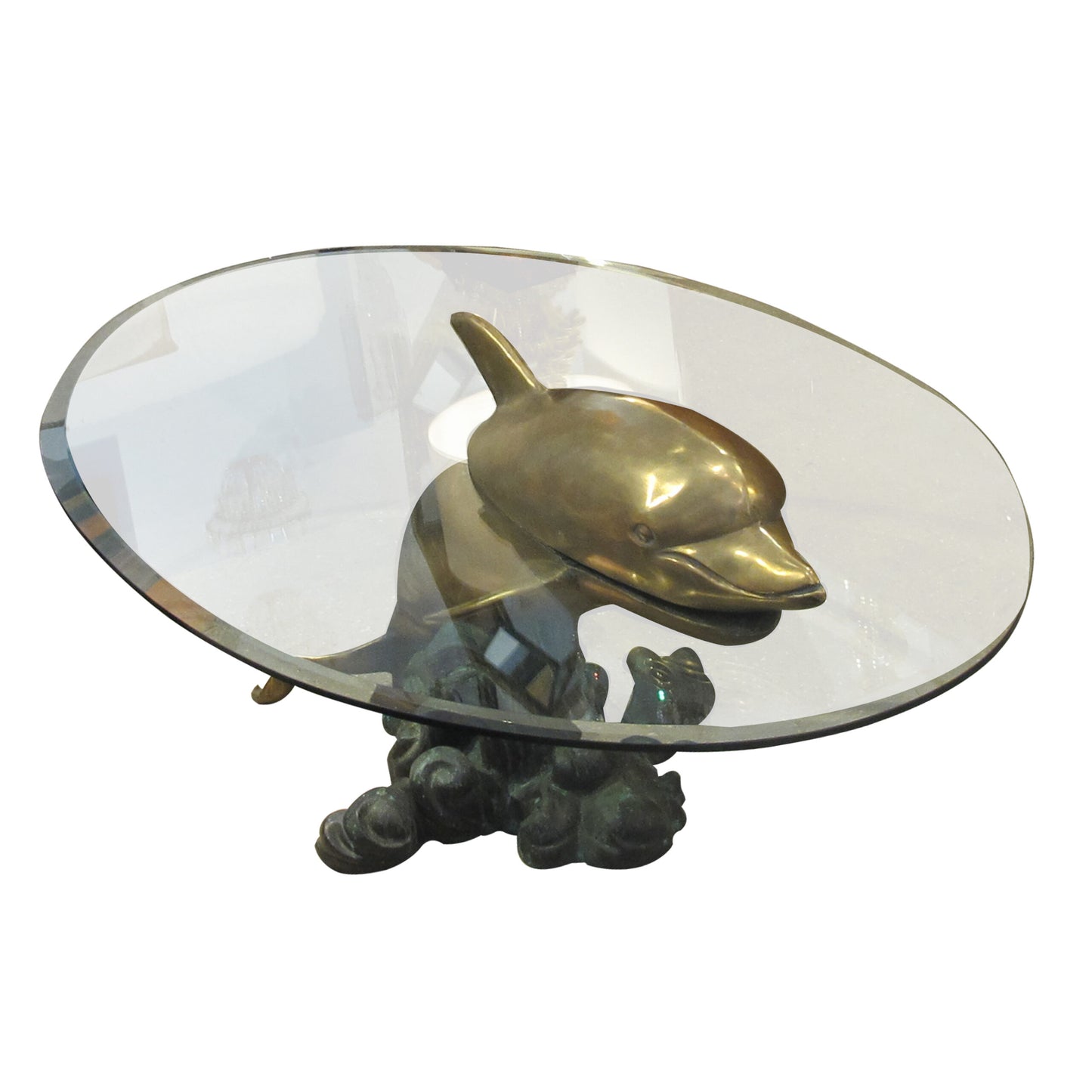 1960s French Brass Coffee Table in the shape of a Dolphin with an Oval Glass Top