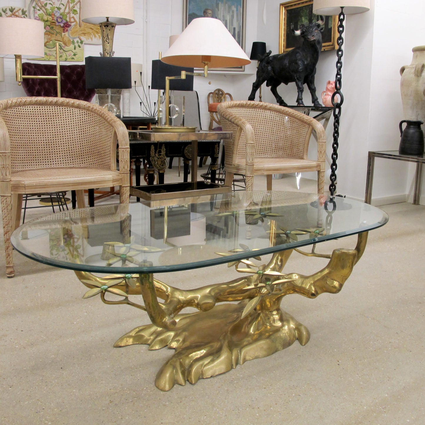 1970s Willy Daro “Bonsai” Brass Coffee Table with Green Beads, Belgian