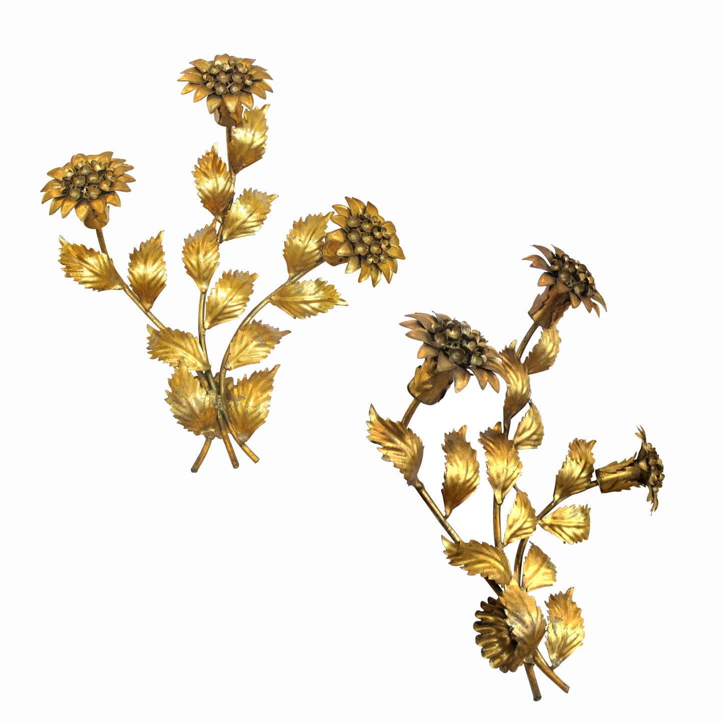 1970s Pair of Gilt Toleware Floral Wall Lights by Hans Kögl, German