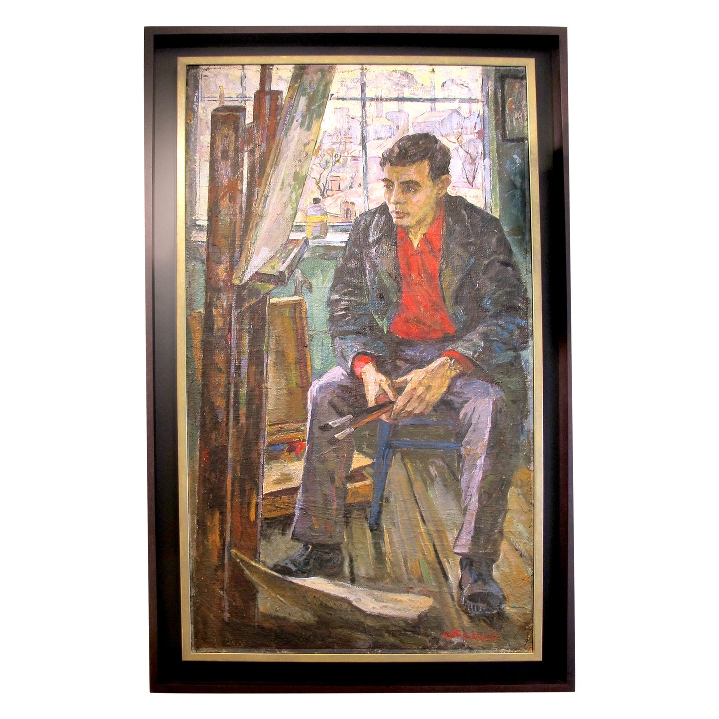 Mid-Century Large Oil on Canvas Self Portrait of An Artist, European