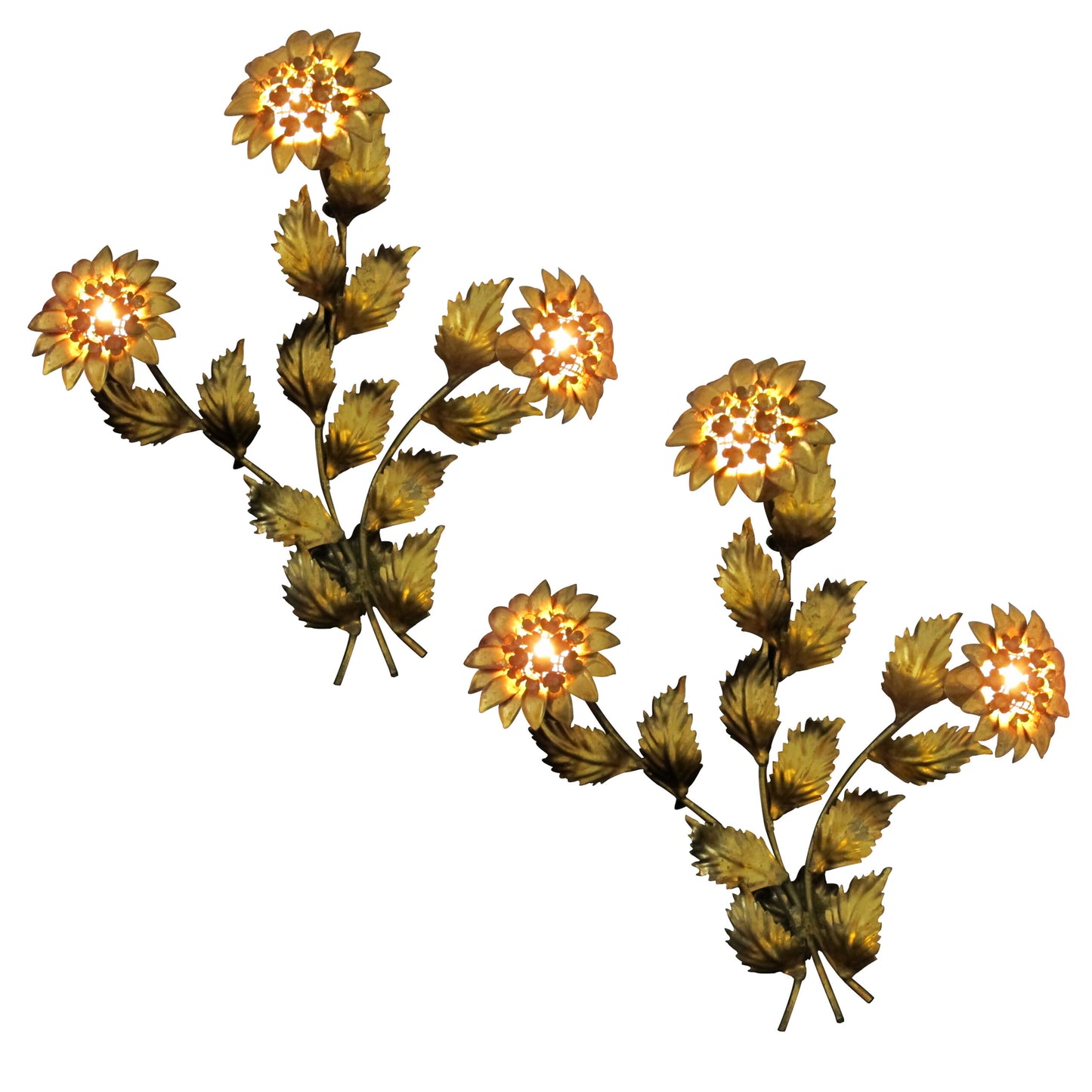 1970s Pair of Gilt Toleware Floral Wall Lights by Hans Kögl, German