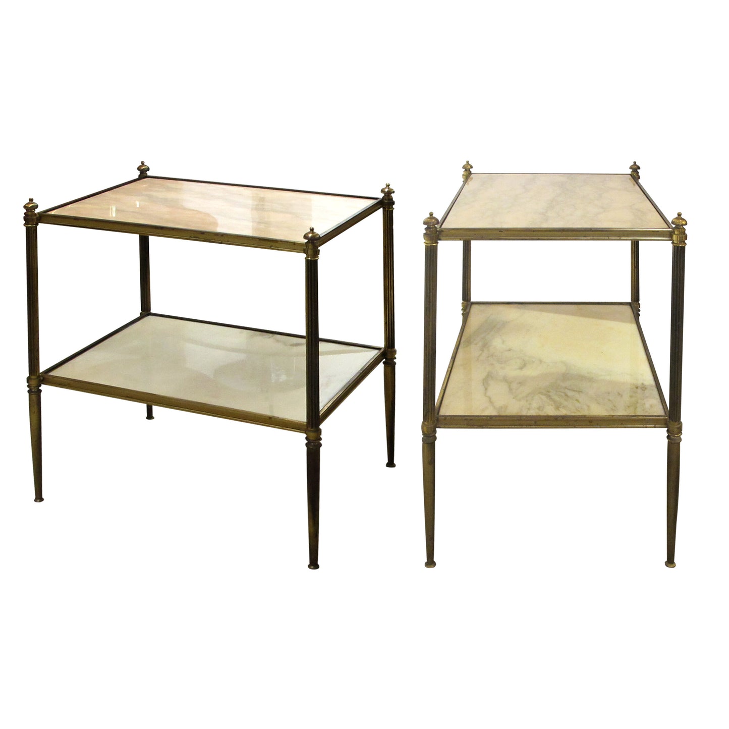 1960s French Pair of Two Tiers Cream Marble Side Tables in the Style of Maison Bagues