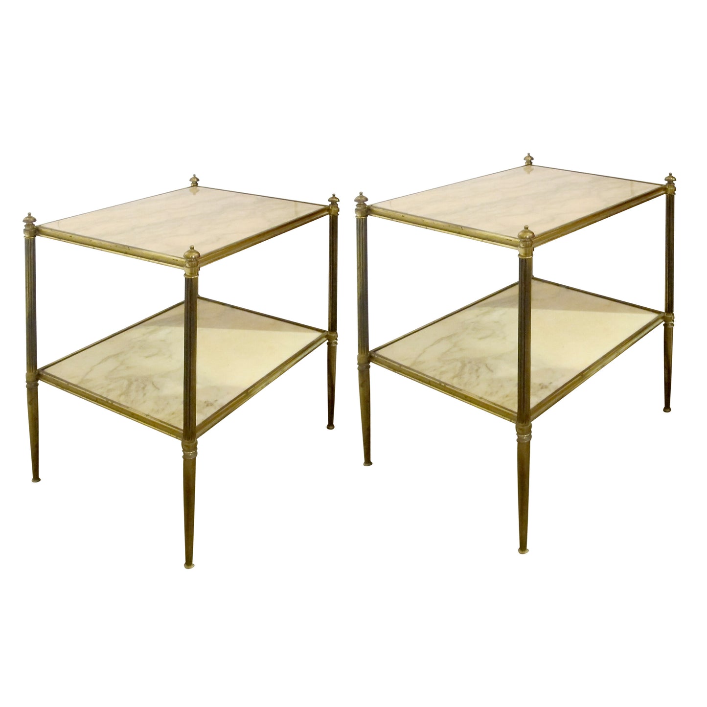 1960s French Pair of Two Tiers Cream Marble Side Tables in the Style of Maison Bagues