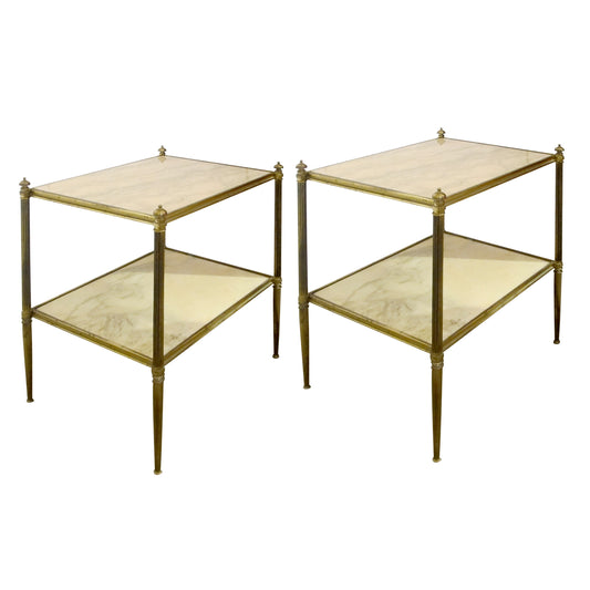 1960s French Pair of Two Tiers Cream Marble Side Tables in the Style of Maison Bagues