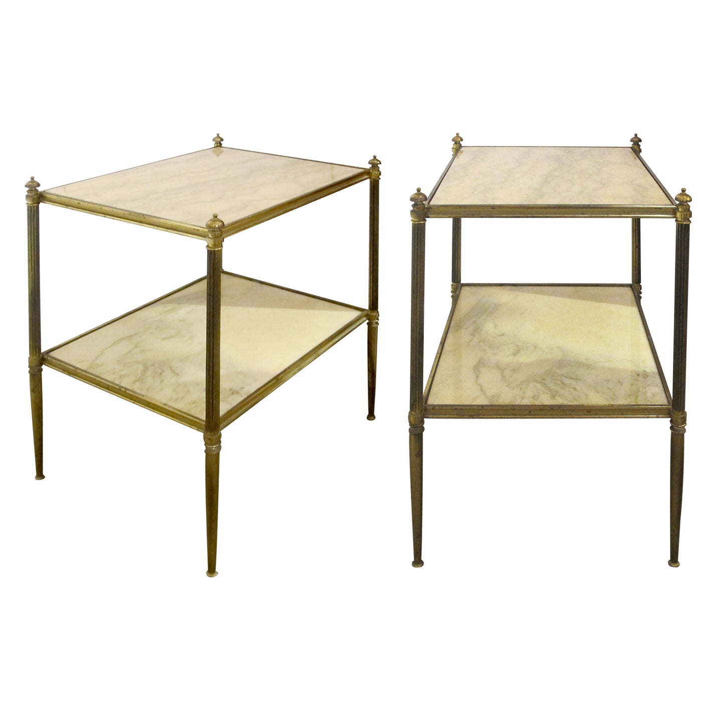 1960s French Pair of Two Tiers Cream Marble Side Tables in the Style of Maison Bagues