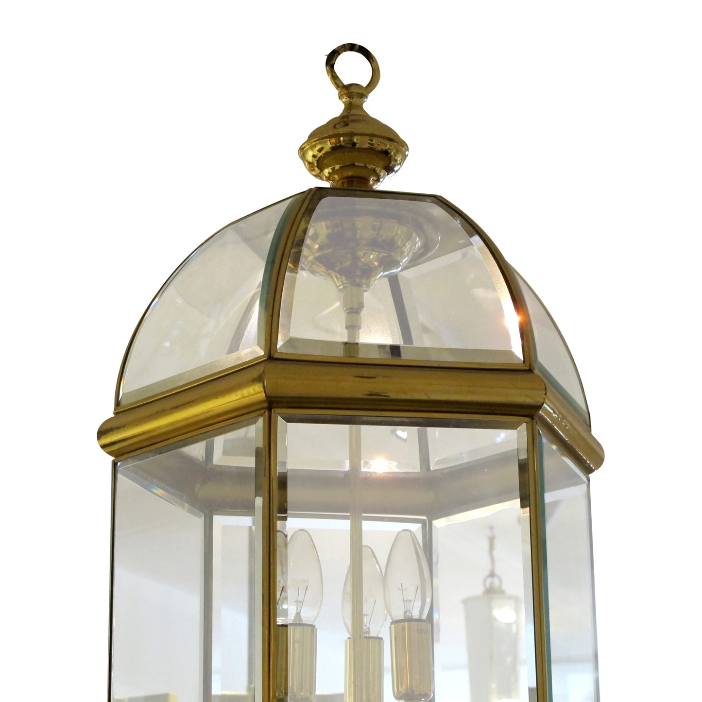 1970s Tall Hexagonal Brass and Curved Bevelled Glass Lantern, Swedish