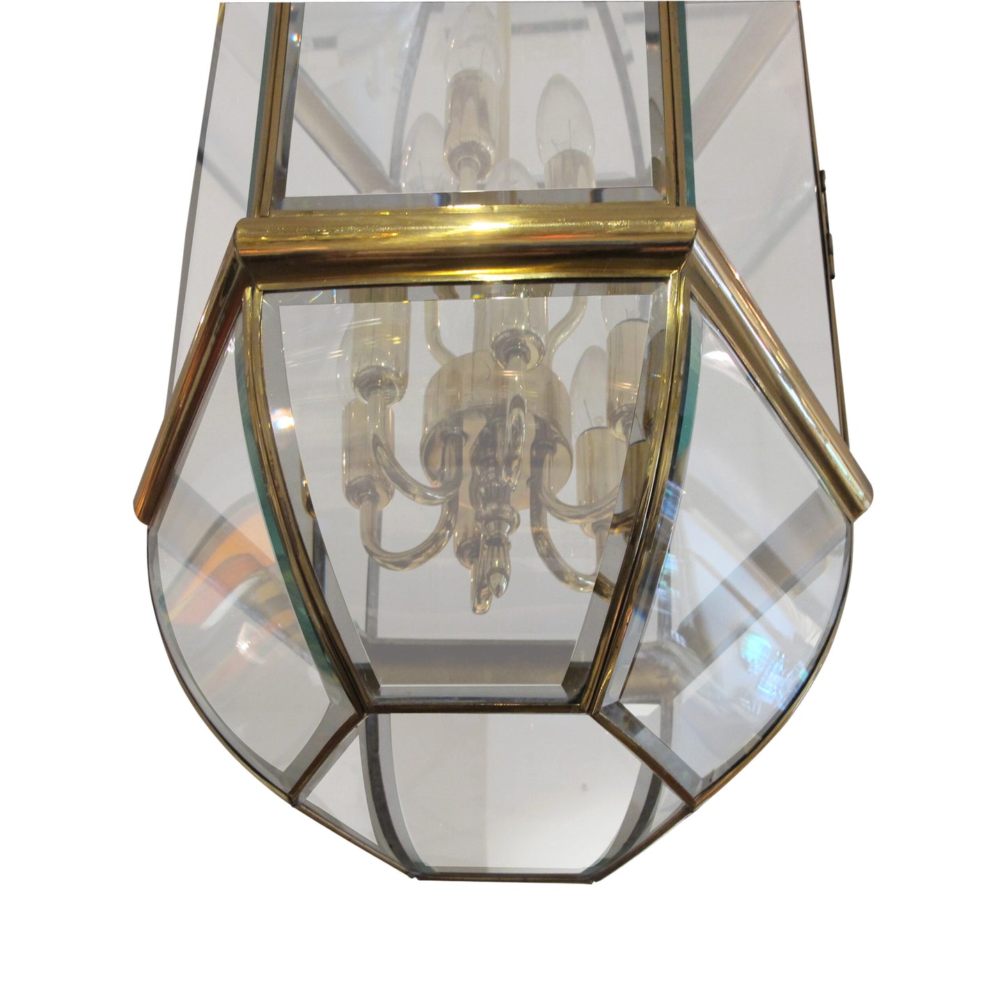 1970s Tall Hexagonal Brass and Curved Bevelled Glass Lantern, Swedish