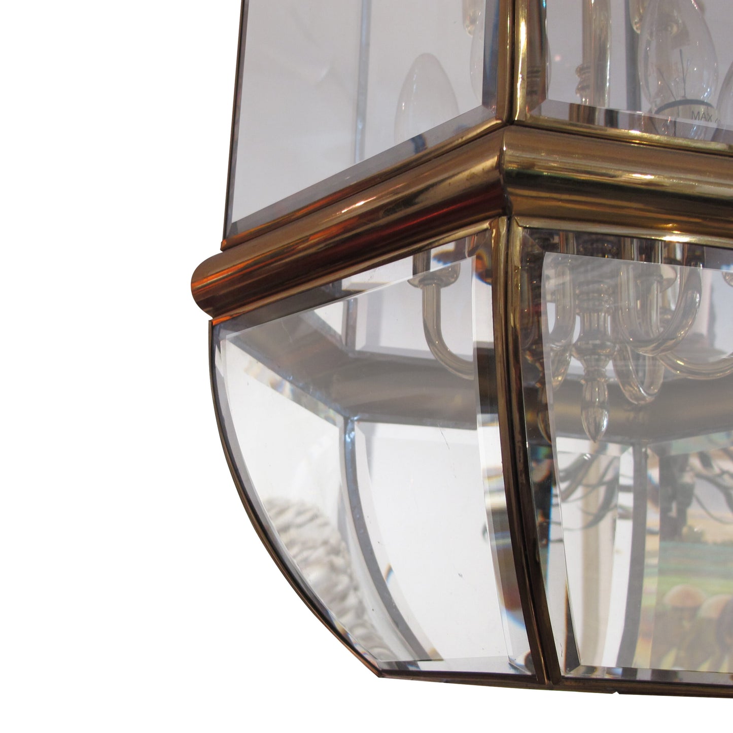 1970s Tall Hexagonal Brass and Curved Bevelled Glass Lantern, Swedish