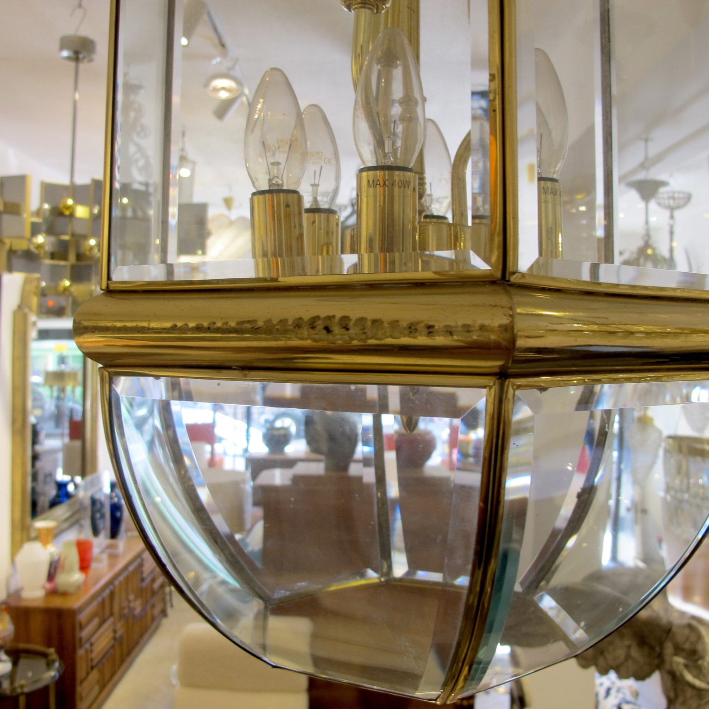 1970s Tall Hexagonal Brass and Curved Bevelled Glass Lantern, Swedish