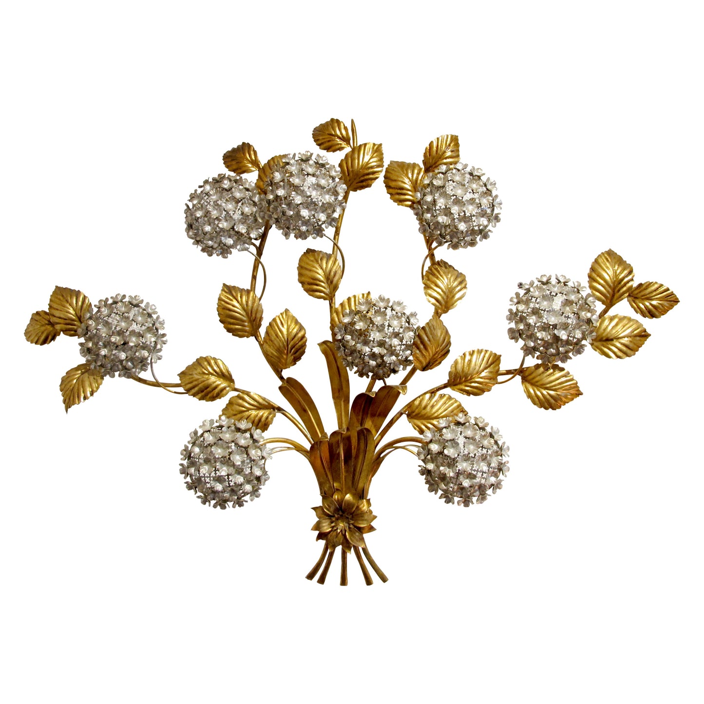 1950s Large Gilt Metal Hydrangeas Wall Light by Hans Kogl, German