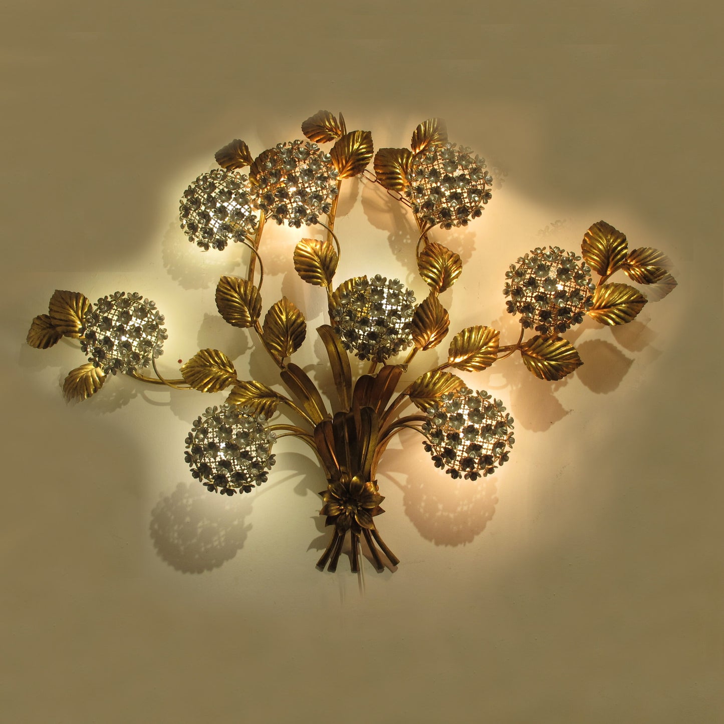 1950s Large Gilt Metal Hydrangeas Wall Light by Hans Kogl, German