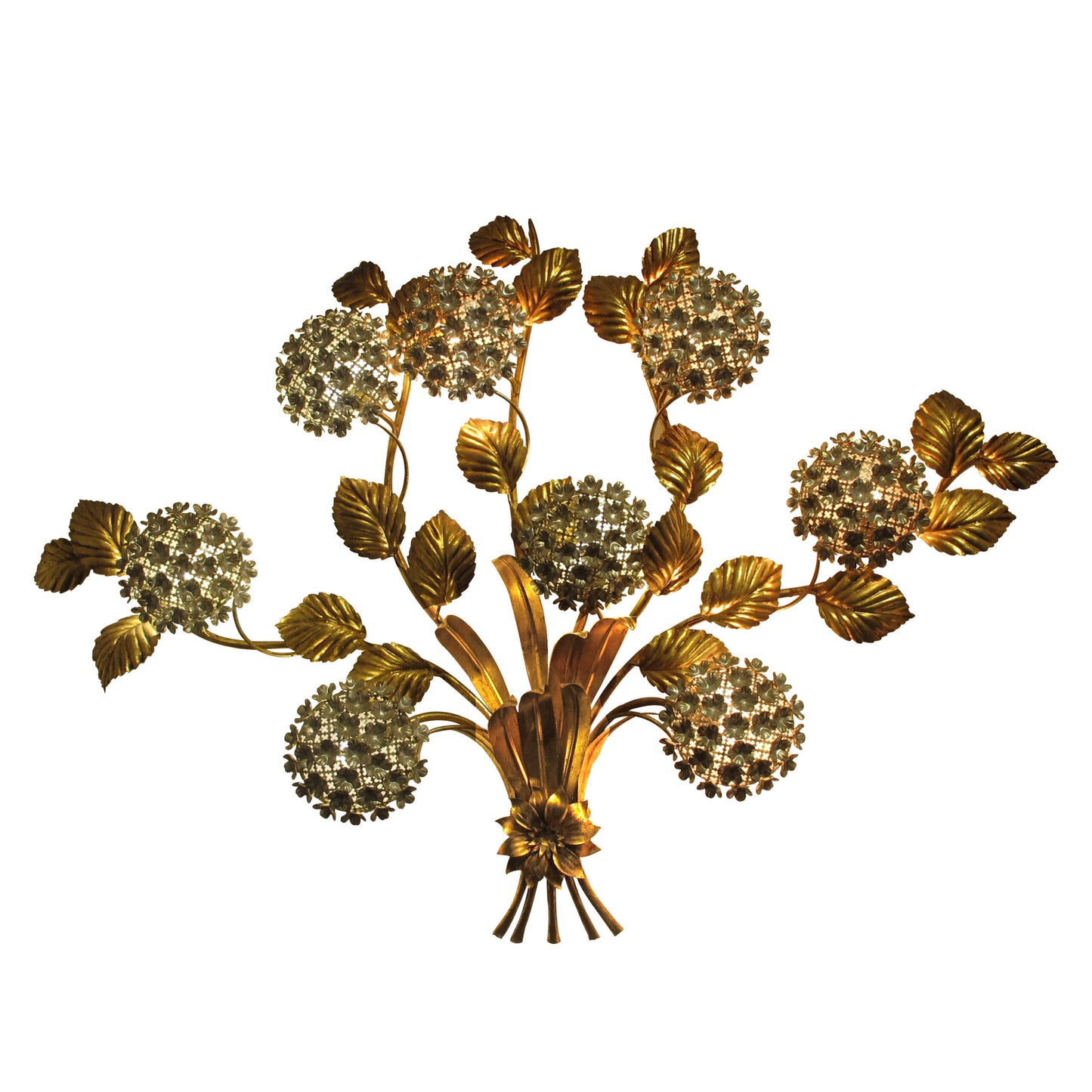 1950s Large Gilt Metal Hydrangeas Wall Light by Hans Kogl, German