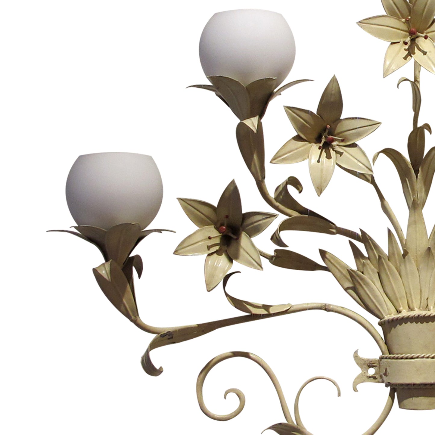 Large pair of French 1950s Toleware Lilies Wall light with Glass Shades