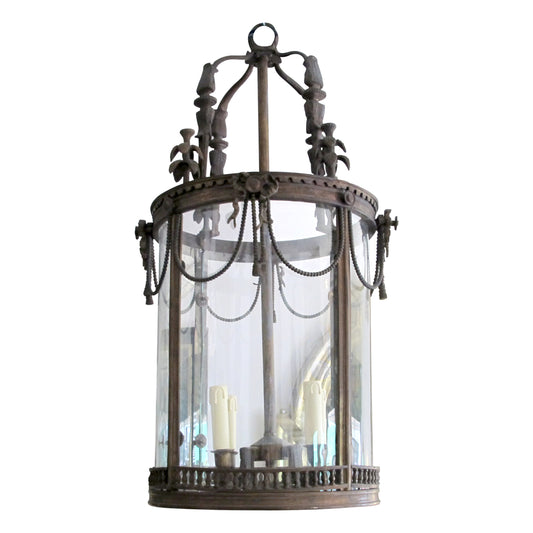 1960s French Louis XVI Style Bronze Lantern with Curved Glass