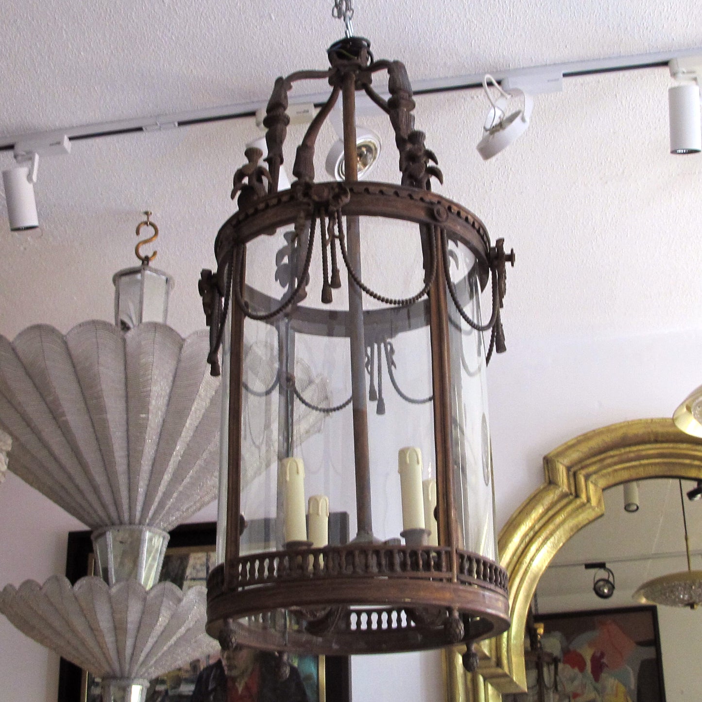 1960s French Louis XVI Style Bronze Lantern with Curved Glass