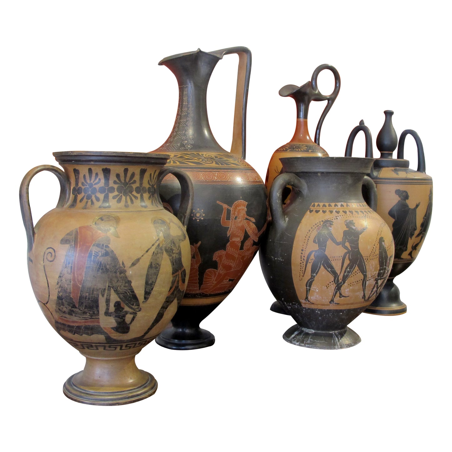 Early 20th Century Italian Set Of Five Decorative Etruscan Style Lekythos Vases