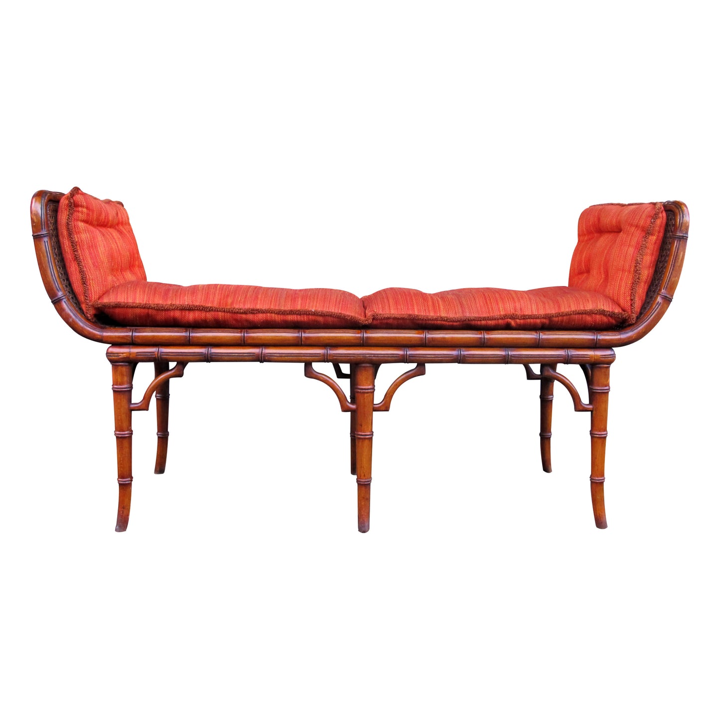 Italian 1940s Cane and Faux Bamboo Frame Bench with its Original Upholstery