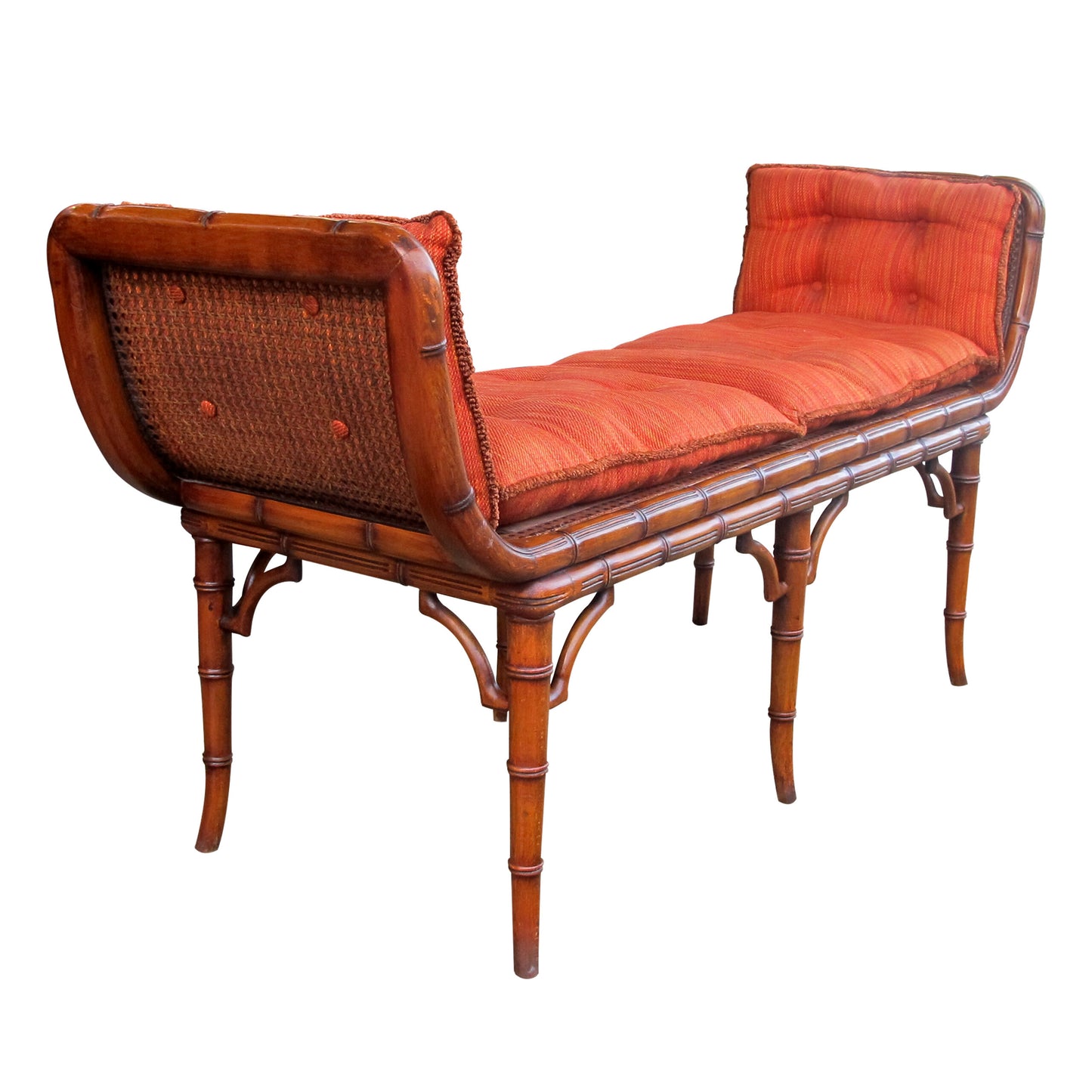 Italian 1940s Cane and Faux Bamboo Frame Bench with its Original Upholstery