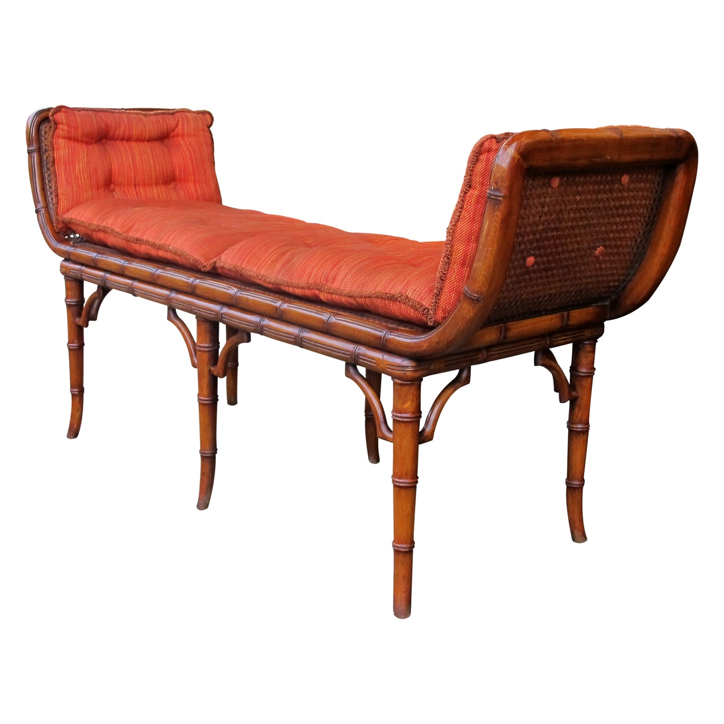 Italian 1940s Cane and Faux Bamboo Frame Bench with its Original Upholstery