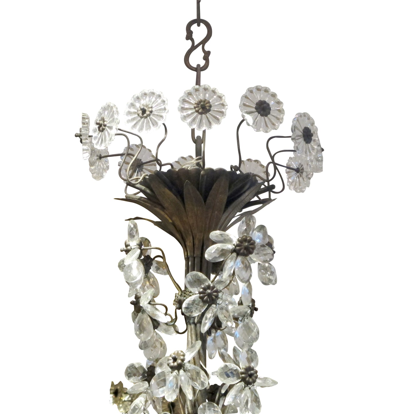 French 1940s Large 24 Branch Leafy Chandelier with Crystal flowers