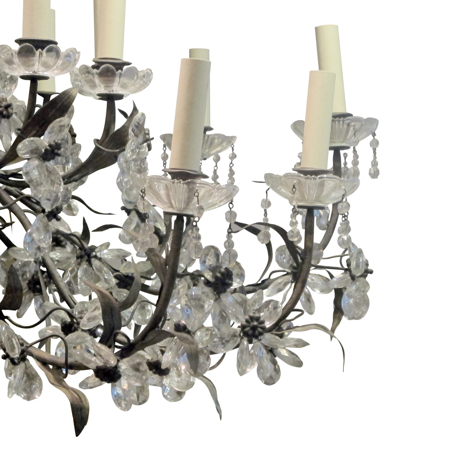 French 1940s Large 24 Branch Leafy Chandelier with Crystal flowers