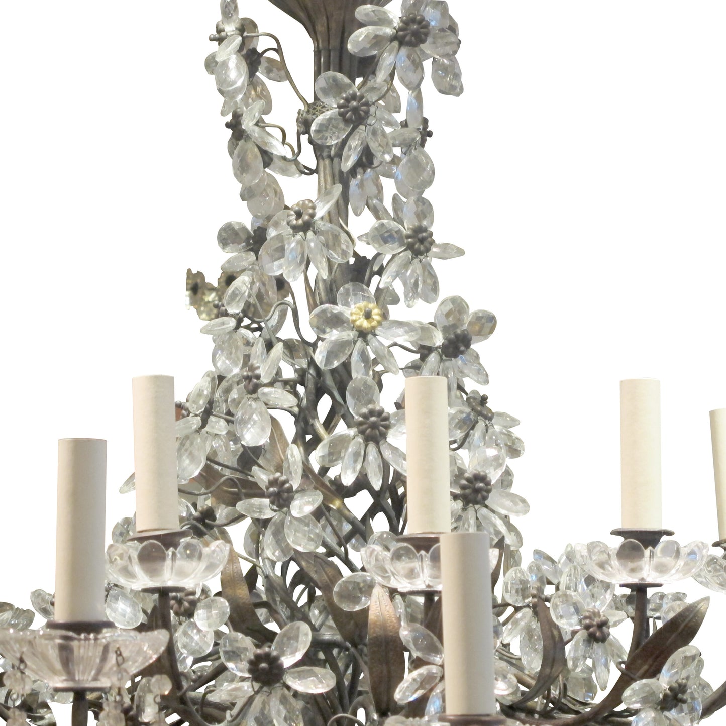 French 1940s Large 24 Branch Leafy Chandelier with Crystal flowers