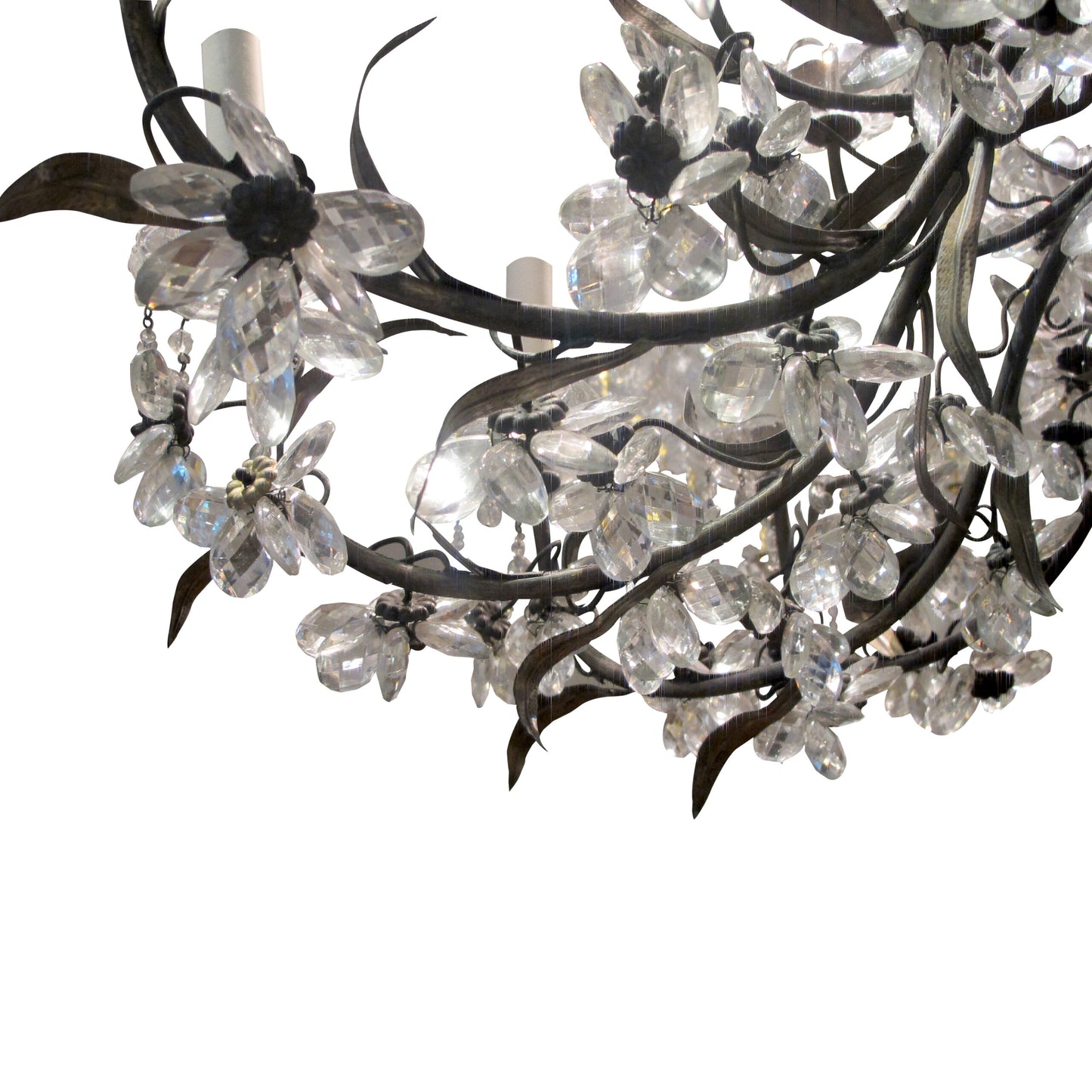 French 1940s Large 24 Branch Leafy Chandelier with Crystal flowers