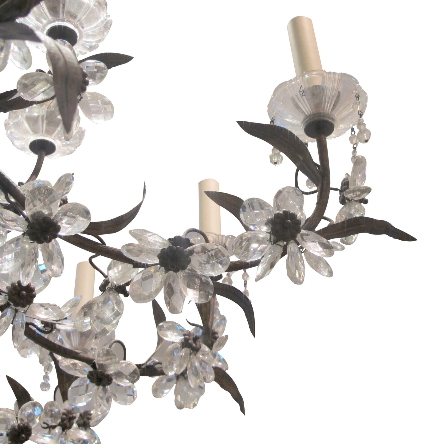 French 1940s Large 24 Branch Leafy Chandelier with Crystal flowers