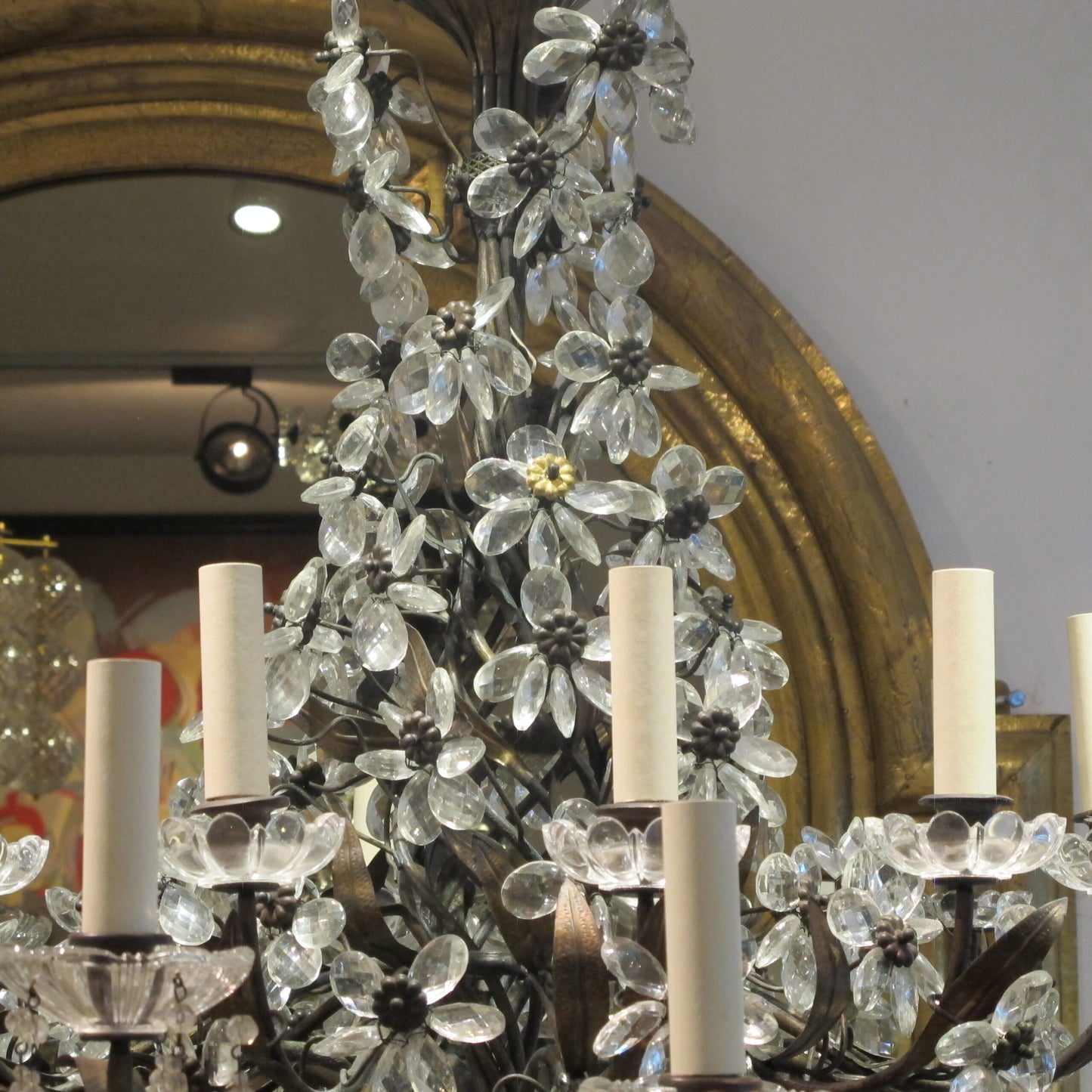 French 1940s Large 24 Branch Leafy Chandelier with Crystal flowers