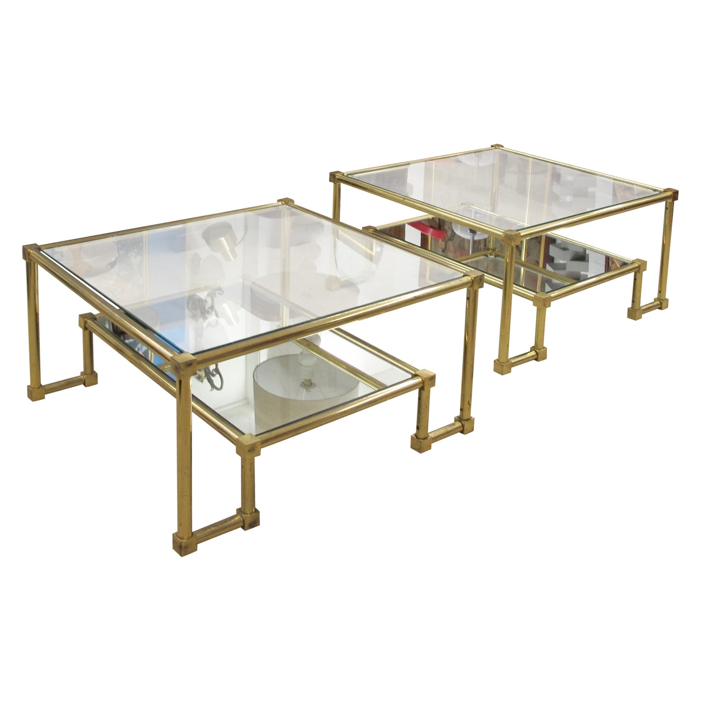 1970s Pair of Two Tiers Square Brass and Glass Structural Coffee tables, French