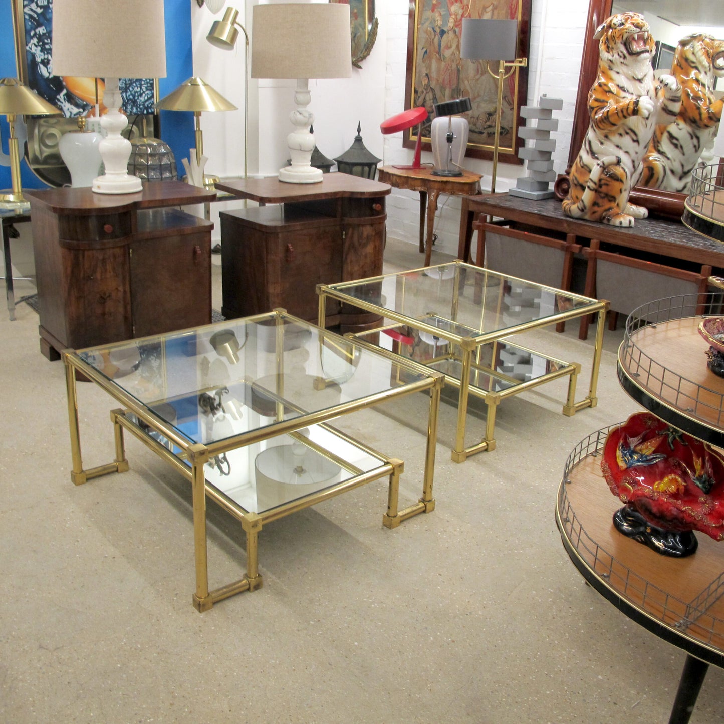 1970s Pair of Two Tiers Square Brass and Glass Structural Coffee tables, French