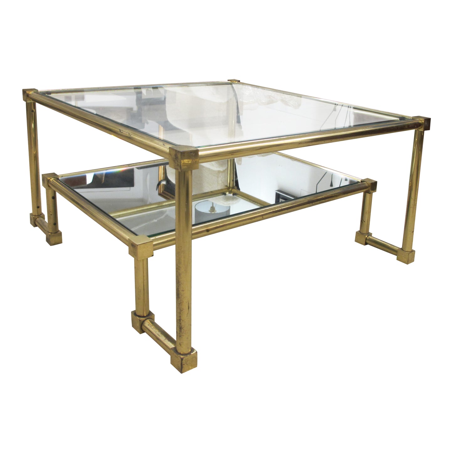 1970s Pair of Two Tiers Square Brass and Glass Structural Coffee tables, French