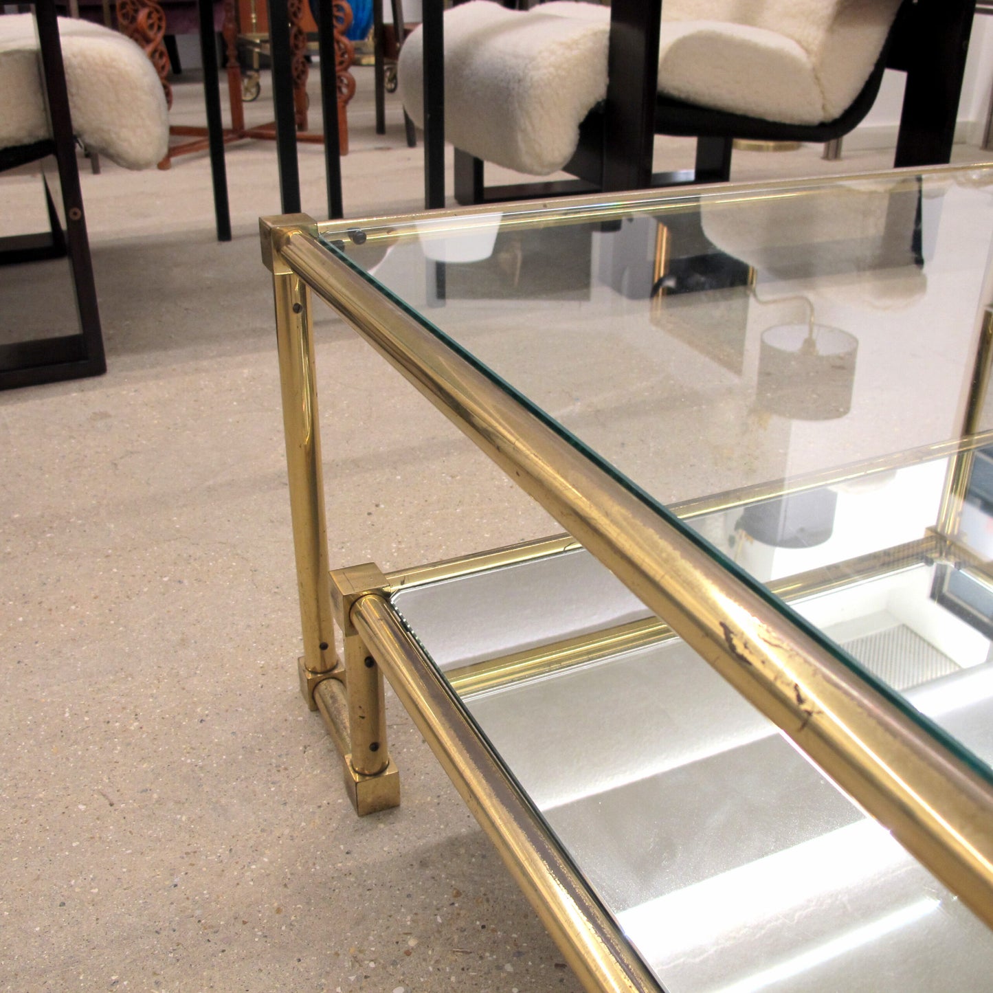 1970s Pair of Two Tiers Square Brass and Glass Structural Coffee tables, French