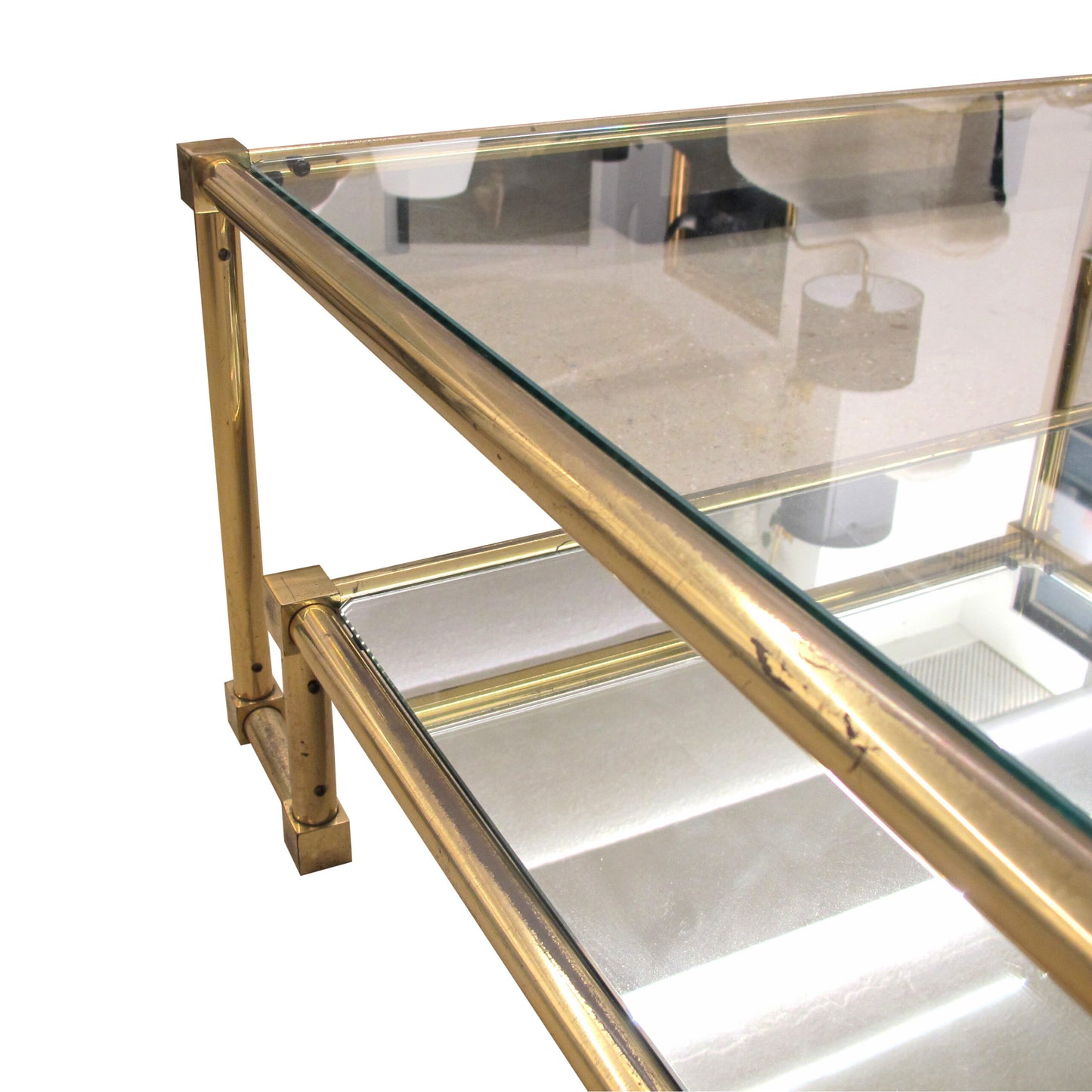 1970s Pair of Two Tiers Square Brass and Glass Structural Coffee tables, French