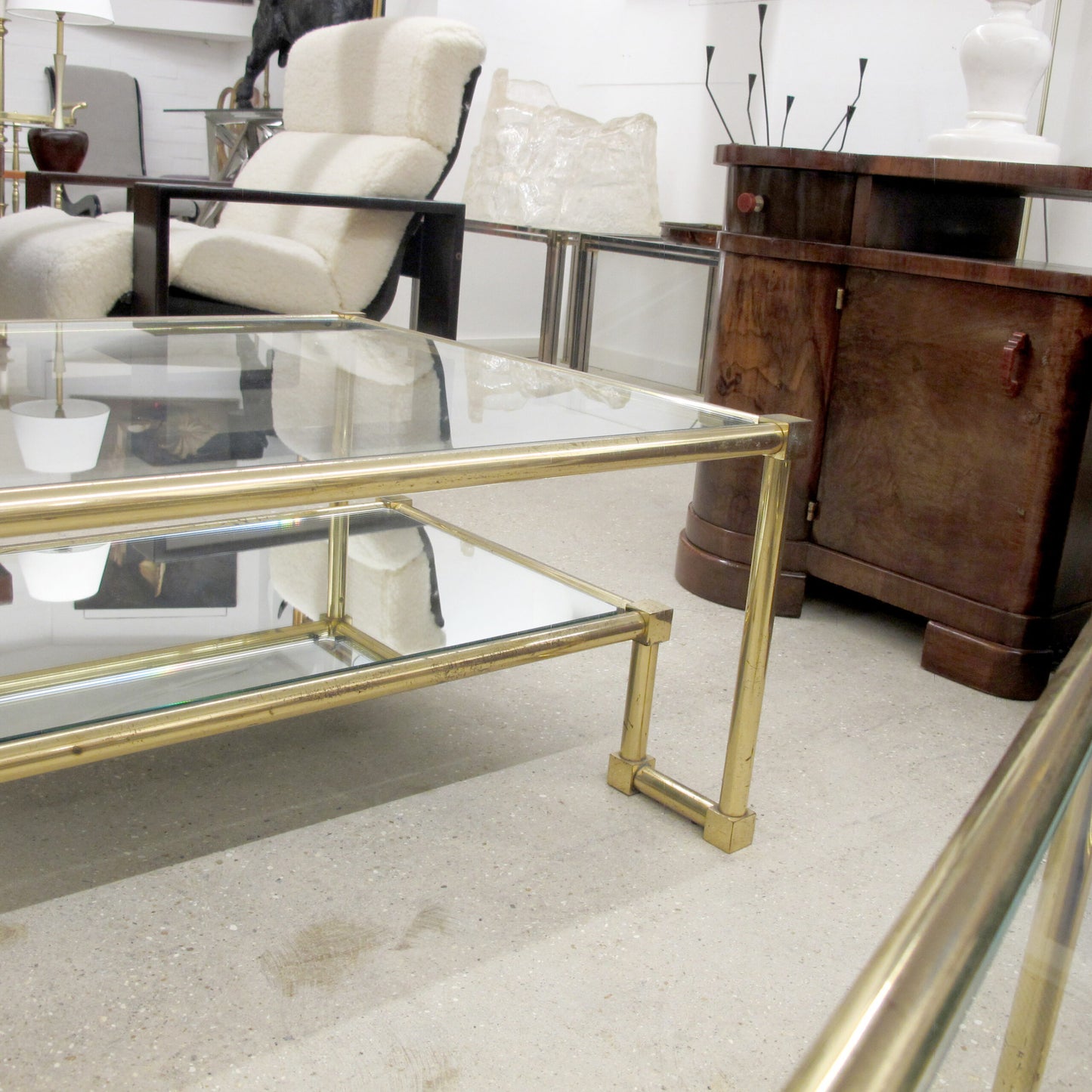 1970s Pair of Two Tiers Square Brass and Glass Structural Coffee tables, French