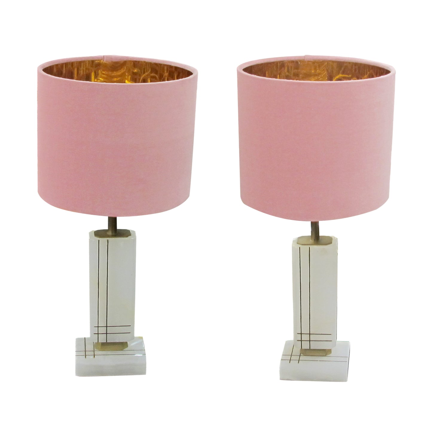 Pair of White Onyx Structural Table Lamps with Pink Shades, Italian 1960s